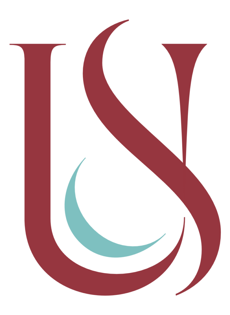 Stylized U and S letters overlapping in a garnet red color. There is an opal-teal crescent moon at the bottom of the U.